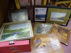Box of pictures and paintings to include still life watercolours, landscapes, mountainscapes etc