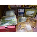 Box of pictures and paintings to include still life watercolours, landscapes, mountainscapes etc