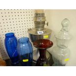 Old oil lamp and a quantity of mixed glassware