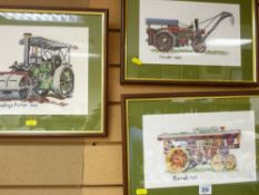 Three framed woolworks of traction engines, all named 'Avelyn & Porter 1922', 'Fowler 1929' and '