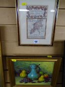 V WATSON oil on board - still life, pewter flagon with fruit and a reproduction map of 'The Road