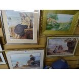 R A WALKER gilt framed watercolour - cottage scene before a pond with figures on the bank and