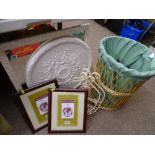 Painted vintage mirror, plaster ceiling rose and a wicker laundry basket and contents