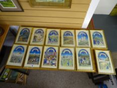 Twelve gilt framed prints depicting the various signs of the zodiac above historical scenes with