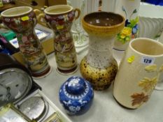 Sylvac vase, a pair of Oriental twin handled vases, ginger jar A/F and one other