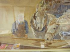 Unknown artist watercolour - farmer and horses