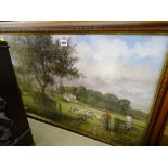 Large framed print - English countryside with church and village to the background