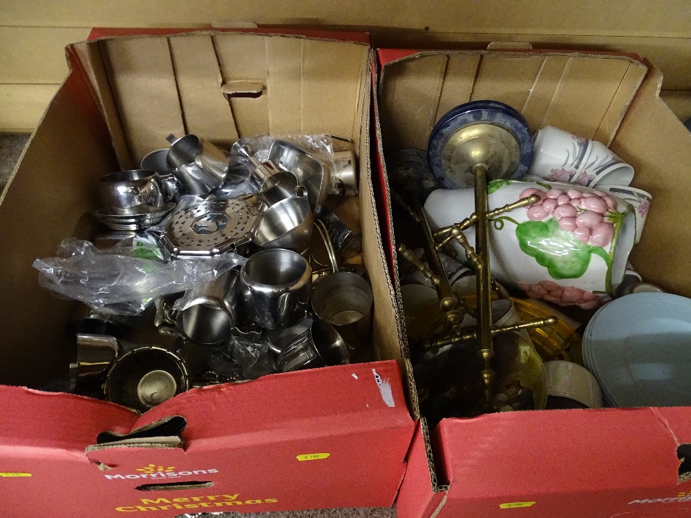 Box of stainless steel and other metalware and a mixed box of pottery and glassware