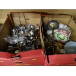 Box of stainless steel and other metalware and a mixed box of pottery and glassware