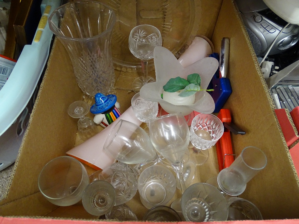 Mixed selection of vintage glassware, two staple guns etc