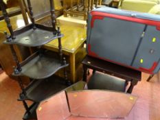 Parcel comprising square two tier whatnot with base cupboard, two vintage bevelled edge mirrors,