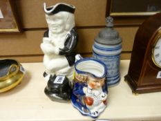 Allertons Toby jug, German stein and another Toby jug