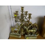 Four branch brass candelabra, a pair of stag doorstops etc