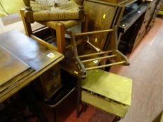 Parcel of vintage coffee tables, string topped stools, small bookshelf etc