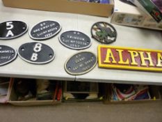 Alpha reproduction train name plate and six reproduction cast engine plates etc