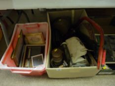 Box of garage and similar items and a tub of picture frames etc