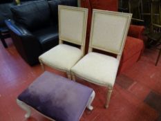 Pair of French styled upholstered salon chairs and an upholstered stool