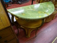 Marble effect metal based half moon half table and a light wood circular occasional table