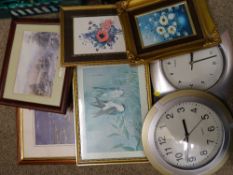 Small selection of framed pictures and prints and two modern kitchen type wall clocks