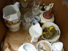 Box of assorted china, horse brasses, glassware etc