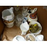 Box of assorted china, horse brasses, glassware etc