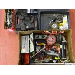 Box of hand tools including spanners, multi-testers, Black Spur angle grinder and Sealy 12v cordless