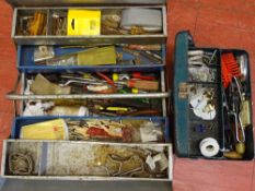 Metal cantilever toolbox and contents and a smaller metal tin with contents