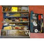 Metal cantilever toolbox and contents and a smaller metal tin with contents