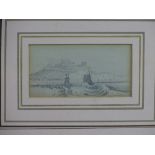 19th Century English School pencil, harbour and shipping scene in rough seas with castle on top of a