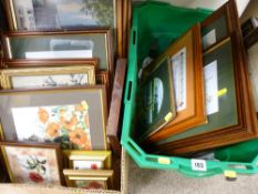 Crate and box of prints, paintings, framed woolworks etc