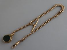 Nine carat gold Albert watch chain with T-bar and agate swivel fob, 40 grms gross