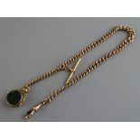 Nine carat gold Albert watch chain with T-bar and agate swivel fob, 40 grms gross