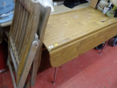 Pair of garden hardwood chairs and a vintage wood effect twin flap table with silver coloured legs