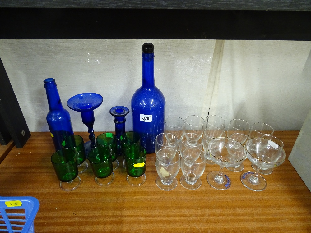 Two Babycham glasses and other drinks ware and four Bristol blue glass ornaments