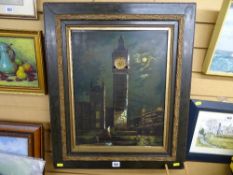 Houses of Parliament painting with musical chiming clock and movement