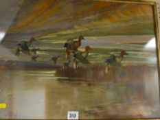 Unknown artist watercolour - ducks in flight, 38 x 52 cms
