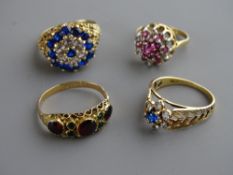Four nine carat gold dress rings set with various semi and non-precious stones, various sizes 'L' to