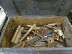 Vintage wooden box with vintage tool contents, 'A English' painted to the exterior