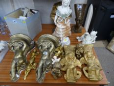 Composition lady figurine, two cherub style wall brackets and a quantity of similar ornamental