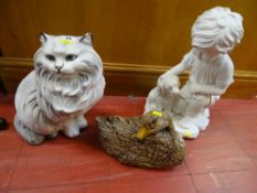 Parcel of three garden ornaments - cat, duck and boy with dog