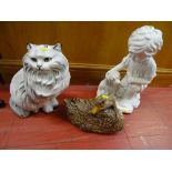 Parcel of three garden ornaments - cat, duck and boy with dog
