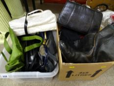 Plastic crate and a box of vintage handbags etc