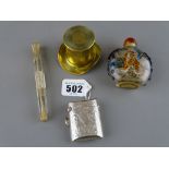 Silver vesta case, Oriental glass opium bottle, gilt decorated scent and a brass match striker in