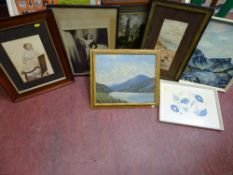 Parcel of prints, watercolours and a photograph of a vintage lady, landscape by H BENNETT etc