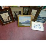 Parcel of prints, watercolours and a photograph of a vintage lady, landscape by H BENNETT etc