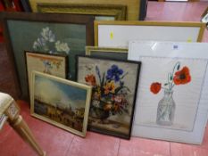 Parcel of pictures, prints and tapestries including Venetian scene, still life, farmland etc