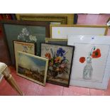 Parcel of pictures, prints and tapestries including Venetian scene, still life, farmland etc