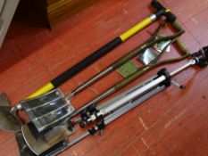 Parcel of long handled garden tools, tripod etc