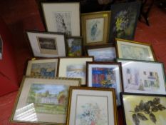 Parcel of small paintings and prints in a box to include still life prints, Continental scene by J