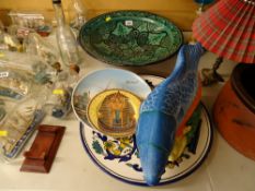 Persian style pottery dish, quantity of decorative wall plates and a colourful painted pottery fish